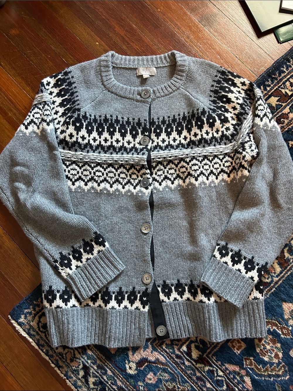 J. Crew Cashmere relaxed Fair Isle cardigan sweater Sz M - Picture 2 of 7